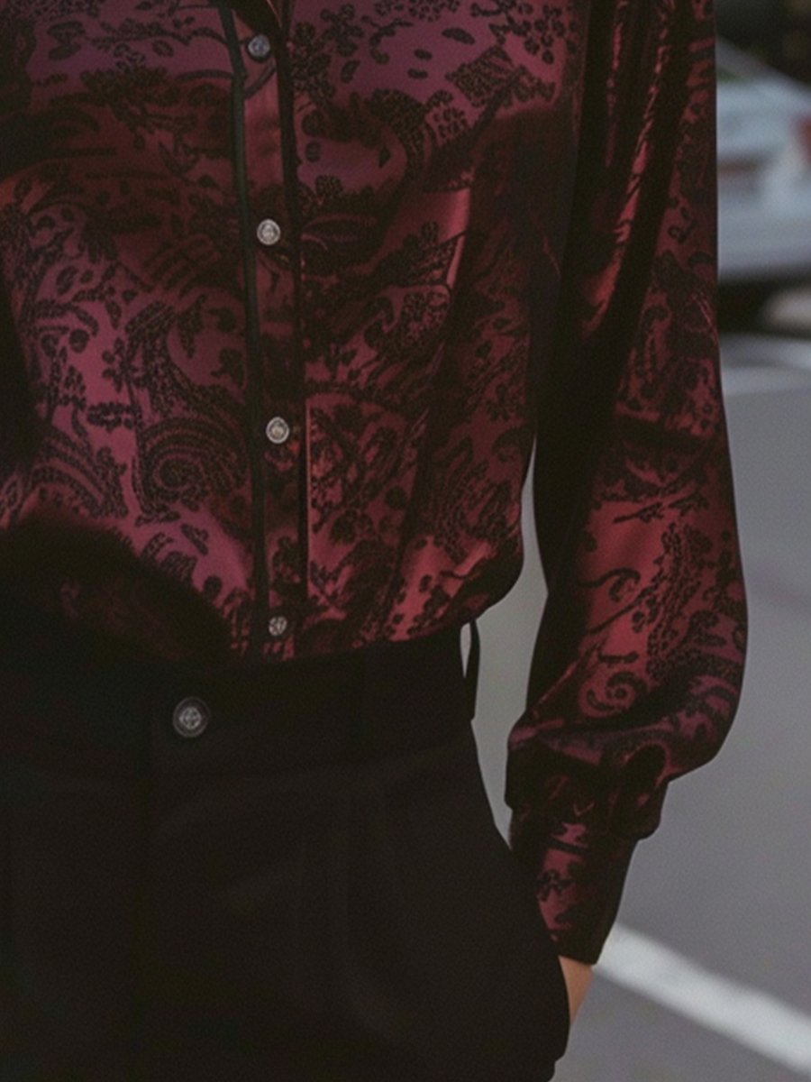 Chic Burgundy Jacquard Button-Up Blouse