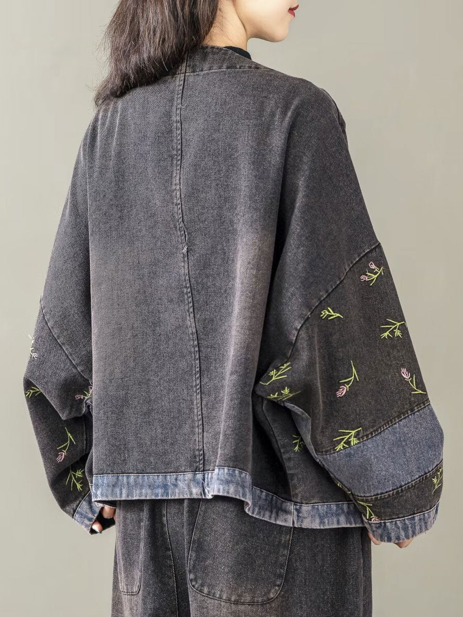 Floral Embroidered Denim Cardigan with Patchwork Details