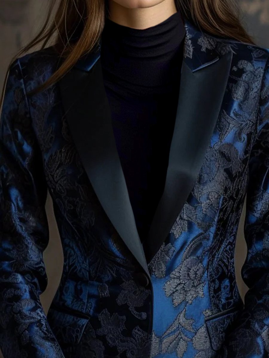 Midnight Blue Jacquard Blazer with Subtle Floral Motifs