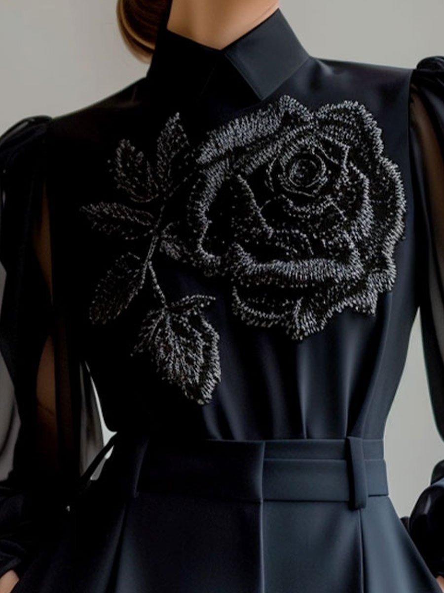 Sophisticated Sheer Sleeve Blouse with Floral Embellishment