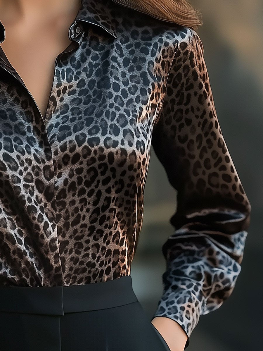 Chic Leopard Print Satin Blouse with Luxe Shine