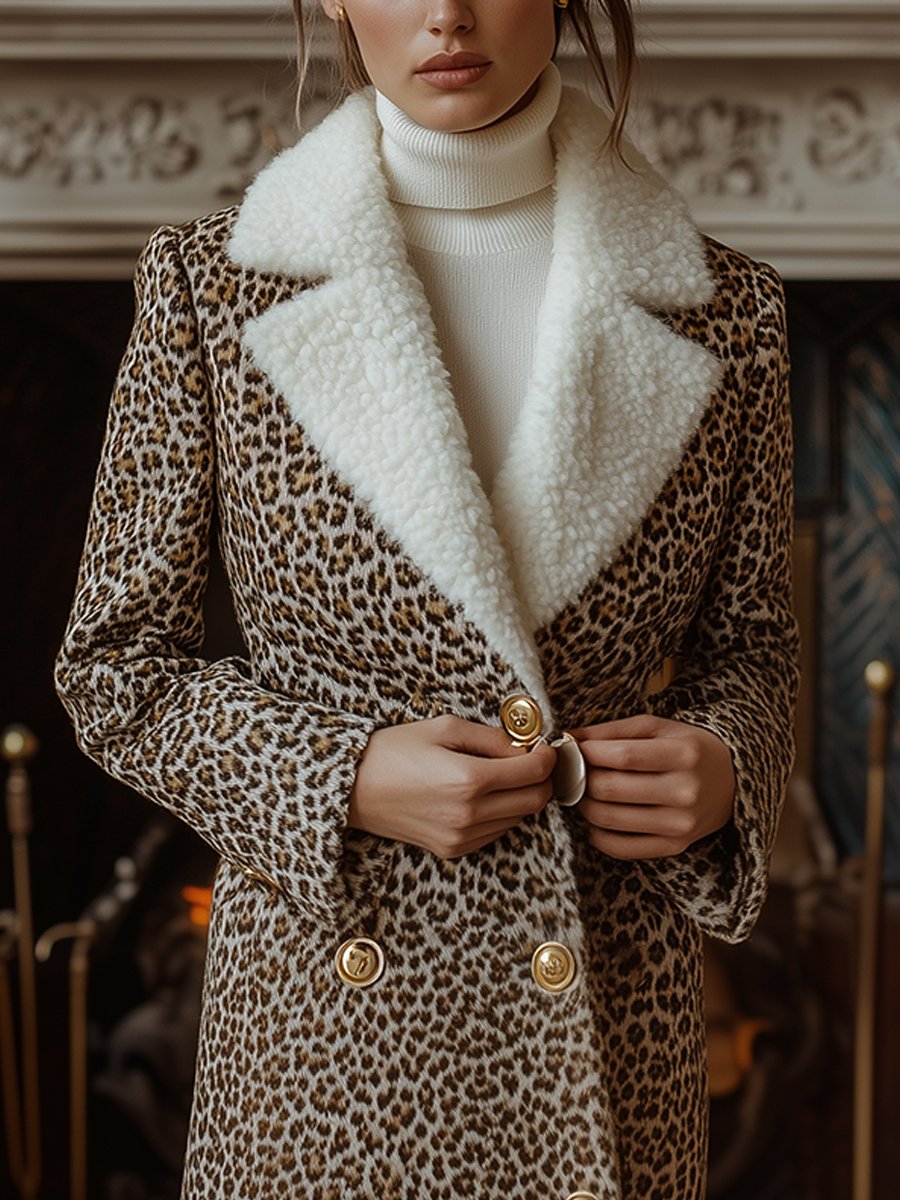 Leopard Print Double-Breasted Winter Coat with Shearling Collar
