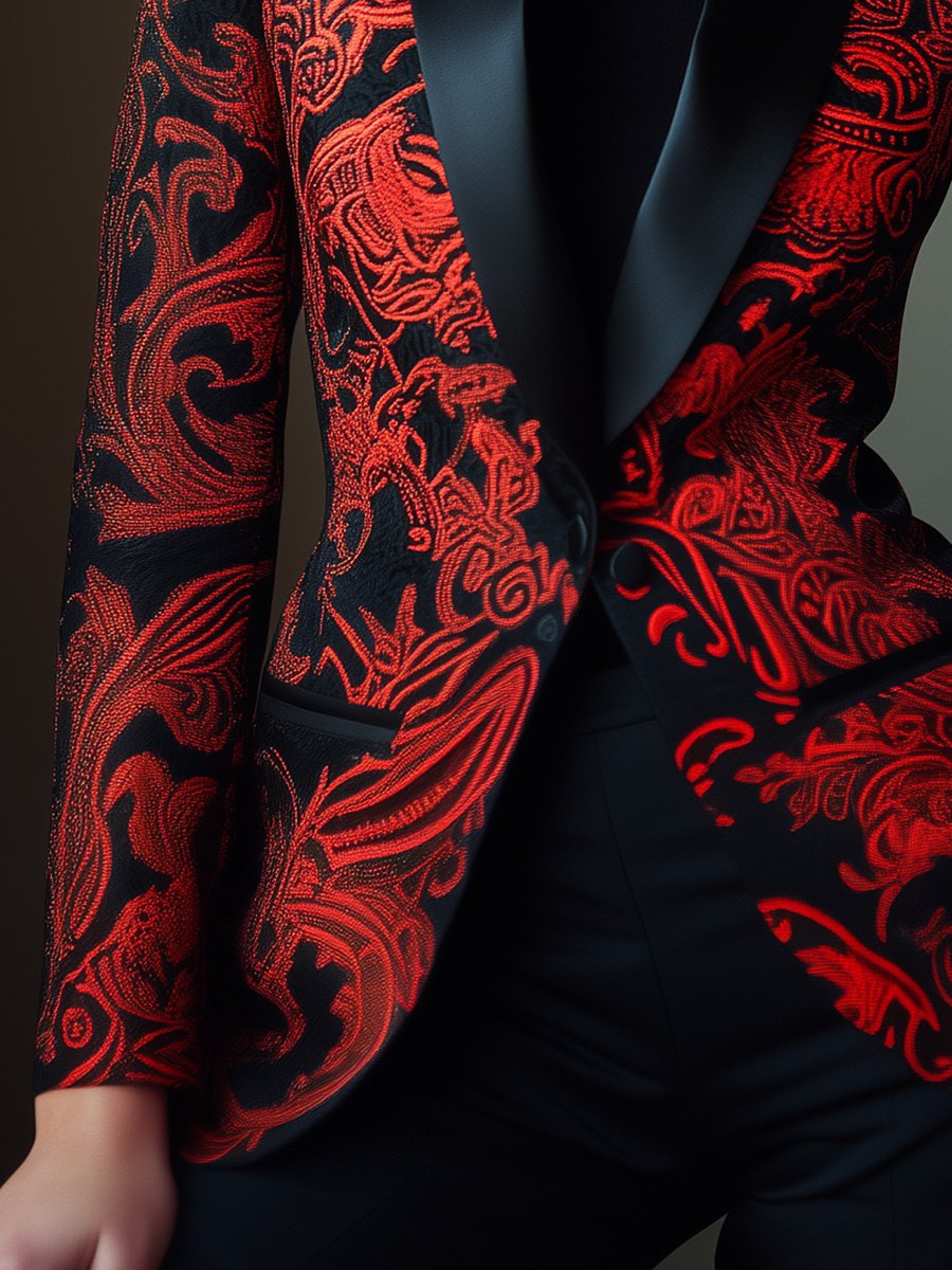 Chic Black and Red Satin Jacquard Blazer with Scrollwork Details