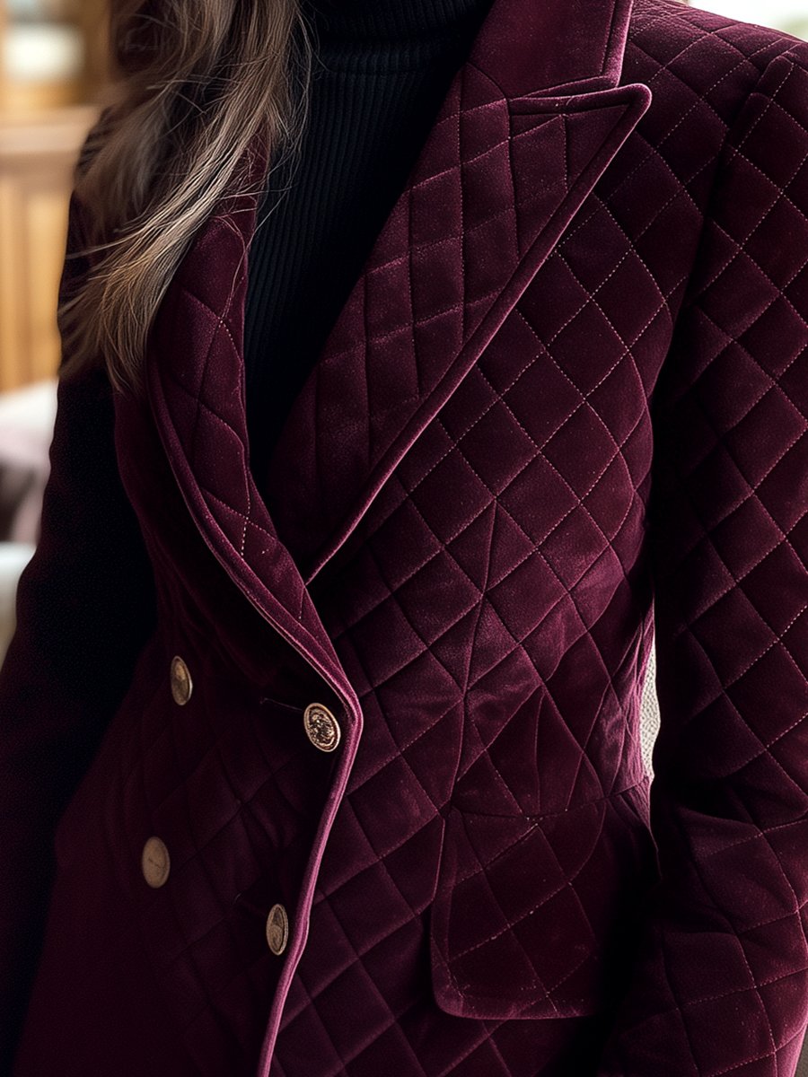 Burgundy Quilted Velvet Blazer with Gold Buttons