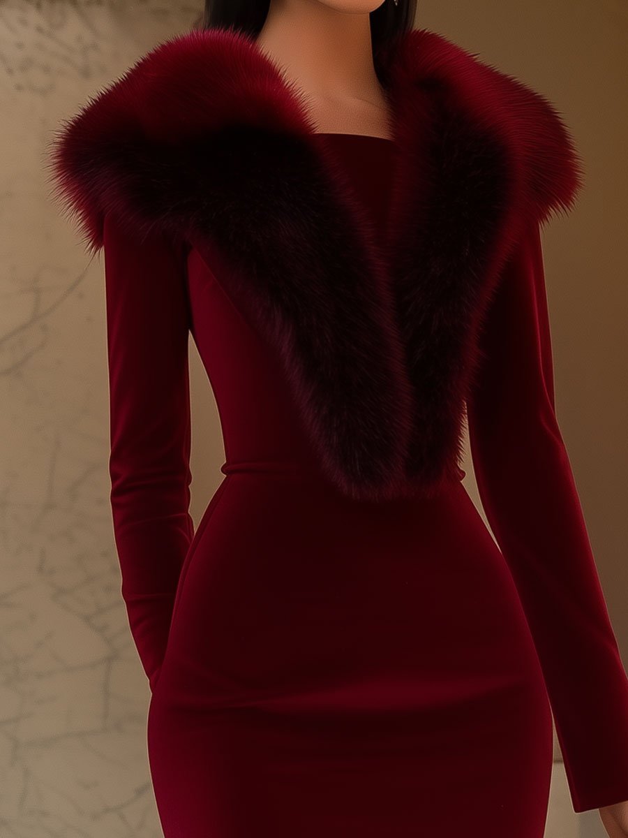 Burgundy Velvet Dress with Luxe Fur Collar