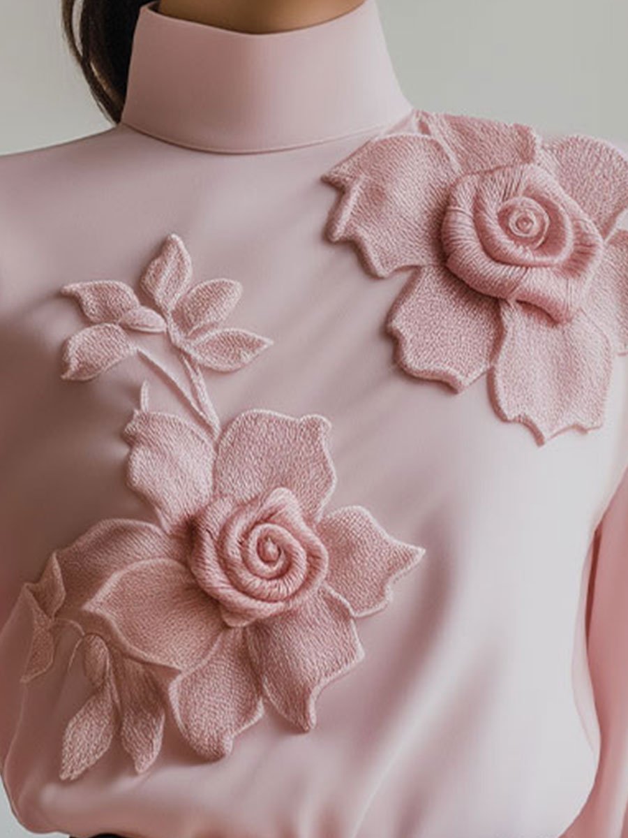 Elegant Pink Floral Embroidered Blouse with Statement Sleeves