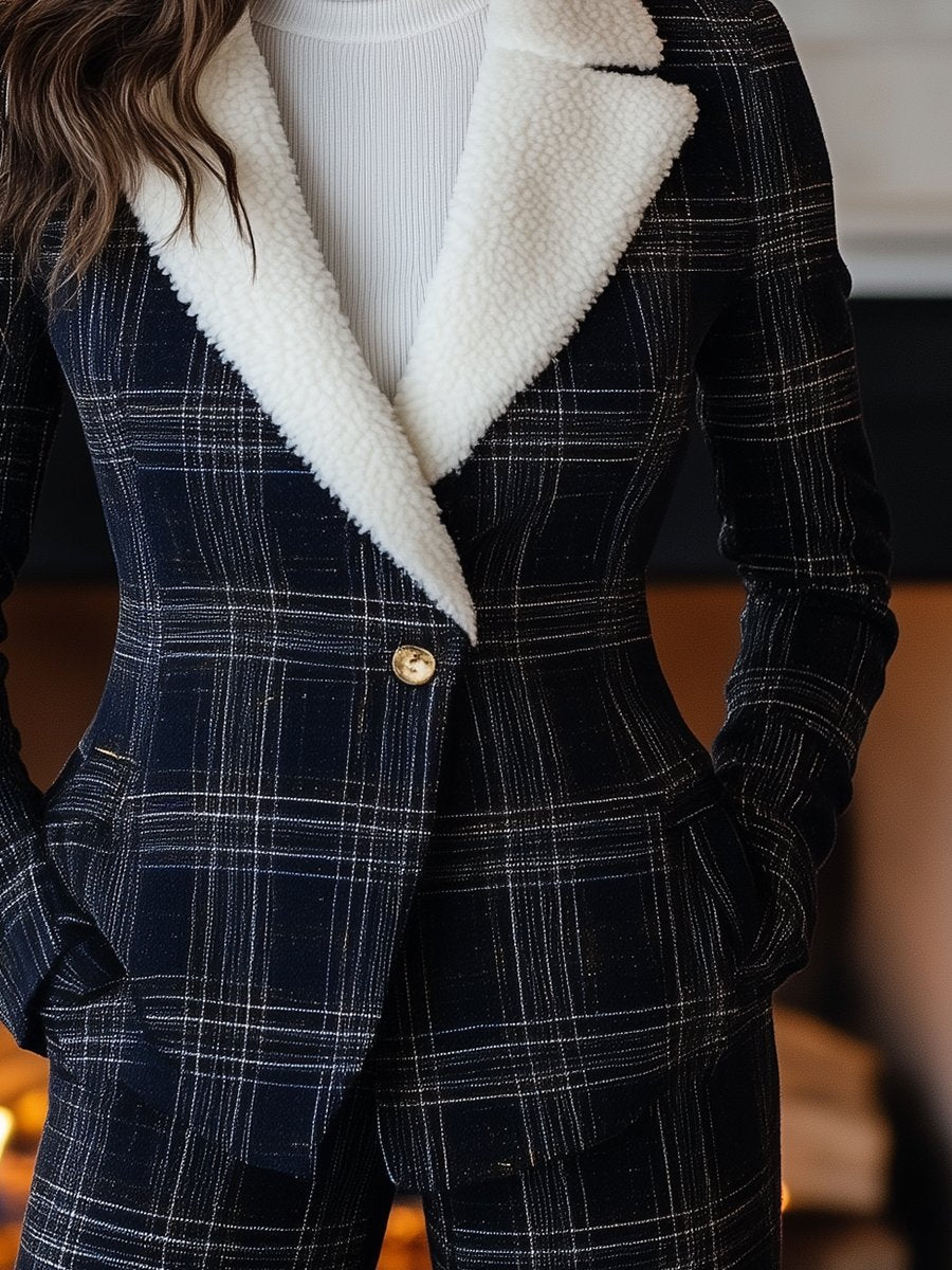 Navy Check Blazer with Shearling Collar