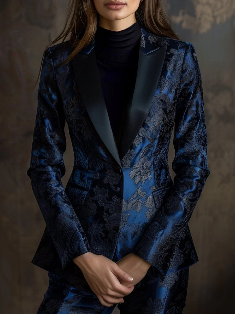 Navy Satin Jacquard Blazer