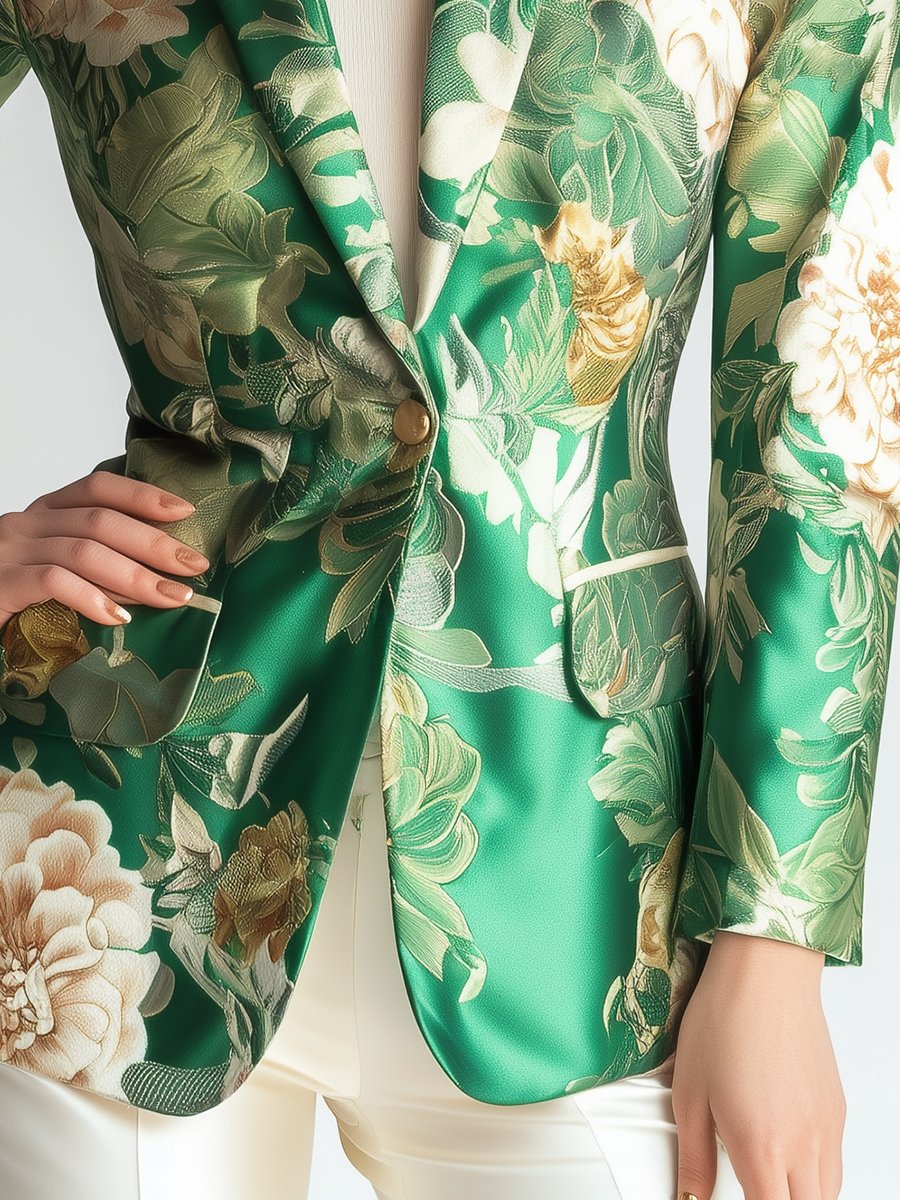 Luxurious Green Satin Blazer with Peony Floral Printed