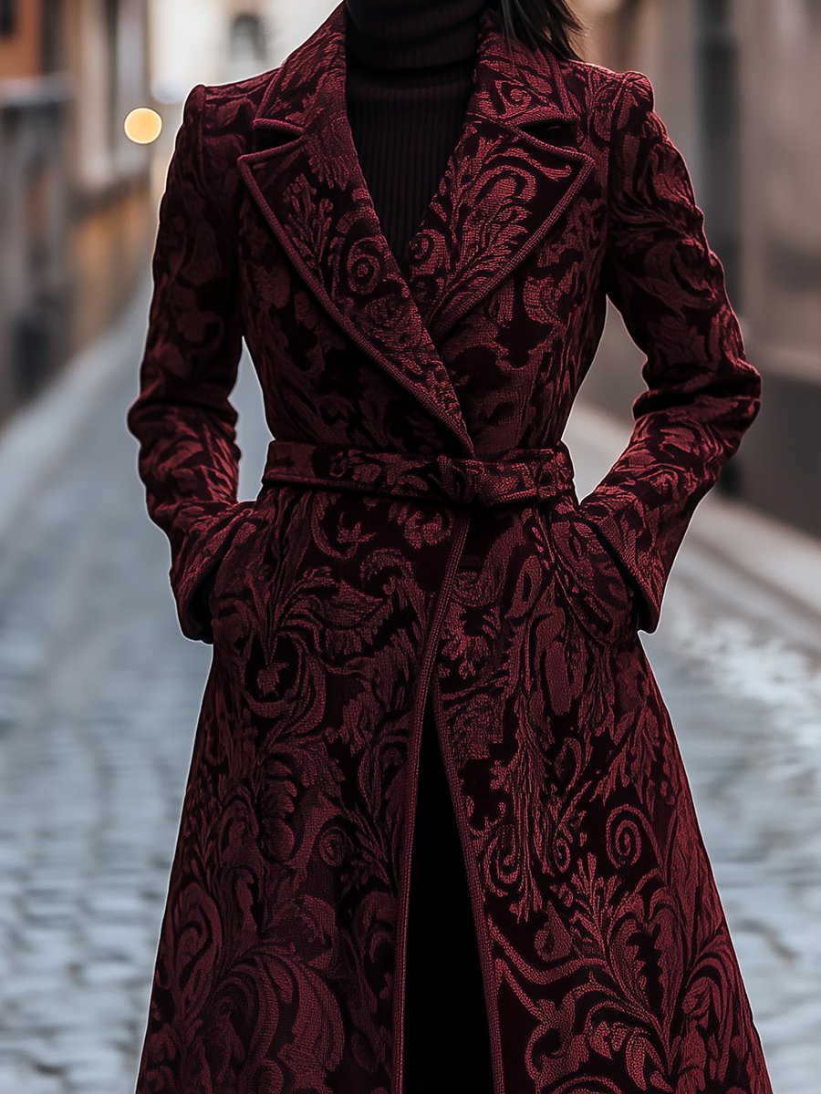 Tailored Burgundy Coat with Floral Jacquard
