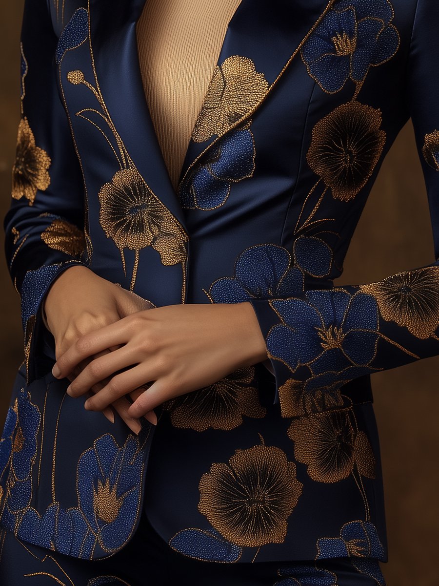 Navy Satin Blazer with Golden Floral Printed