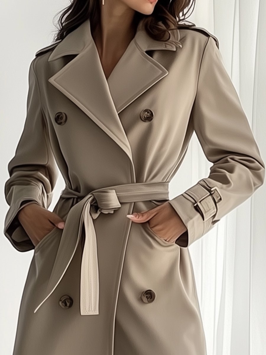 Classic Double-Breasted Belted Trench Coat In Beige