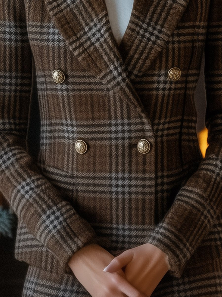 Plaid Double-Breasted Blazer with Faux Fur Collar