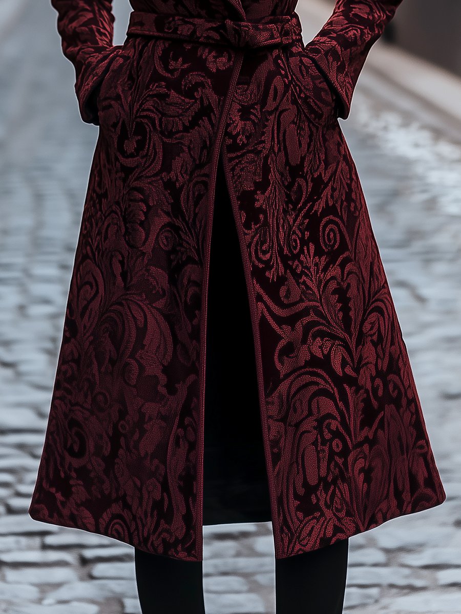 Tailored Burgundy Coat with Floral Jacquard